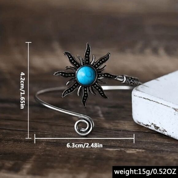 Boho Silver Turquoise Moon Sun Open Bangle Arm Cuff Bracelet